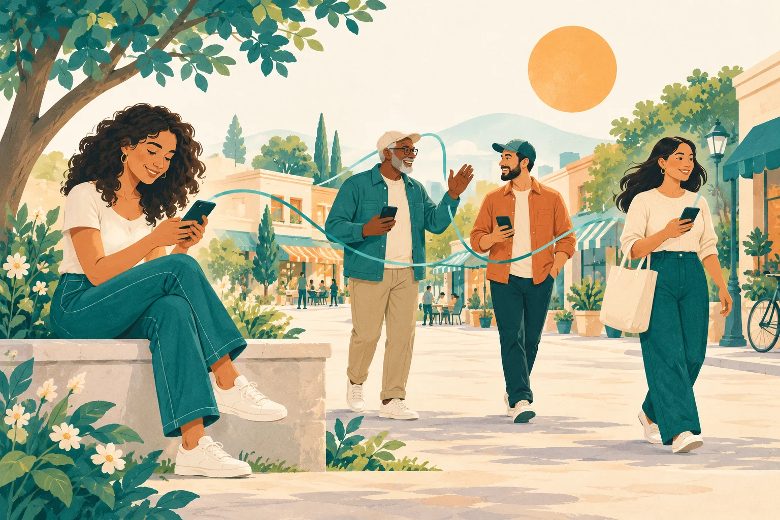 Illustrated neighbors using phones and greeting one another in a sunny neighborhood.