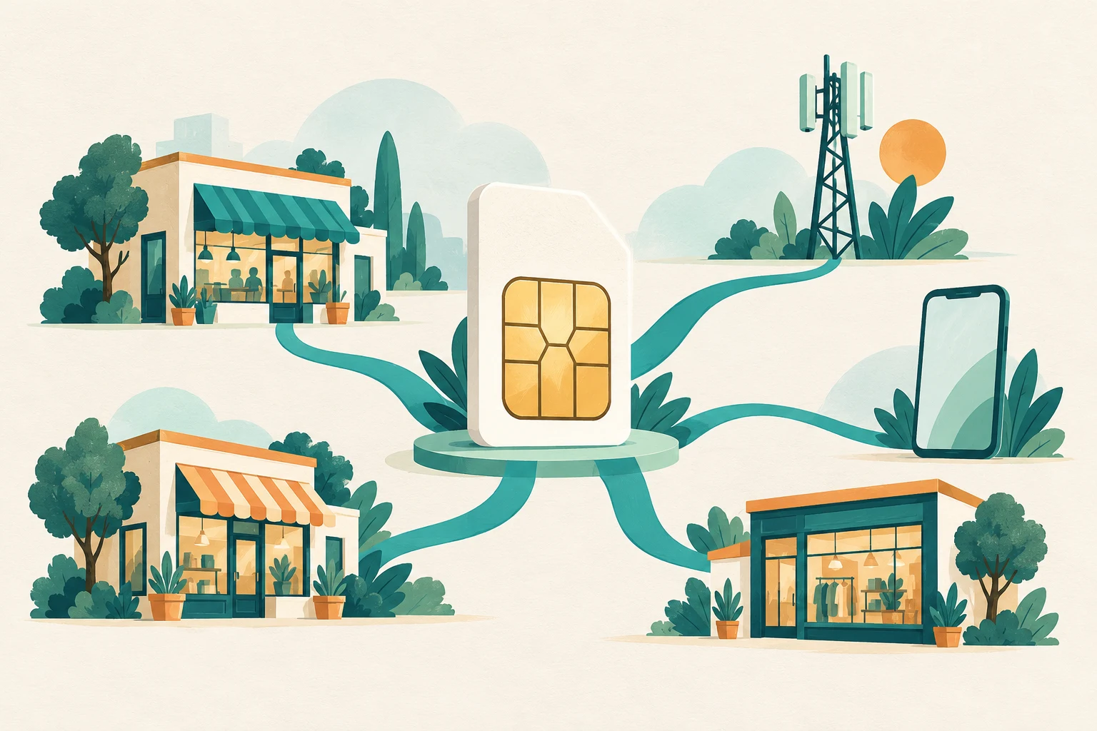 Conceptual illustration of a SIM card linking neighborhood businesses, a phone, and a wireless tower.